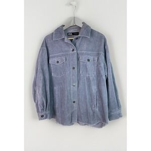 Zara Women's S Oversized Raw Hem Blue Corduroy Button Up Shirt Jacket Shacket